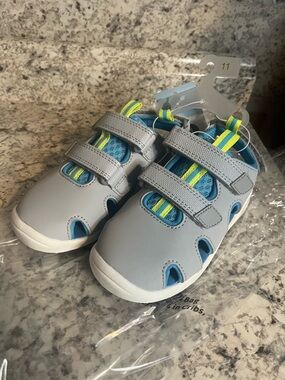 wonder nation Gray and Blue Hook-and-Loop Kids Sandals with Yellow Accents